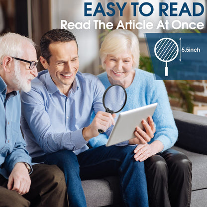 Large Magnifying Glass with Light, Magnifier Handheld Illuminated Lighted Magnifier with 3 LED Lights 1 UV Light Storage Bag Clean Cloth for Seniors Reading Inspection