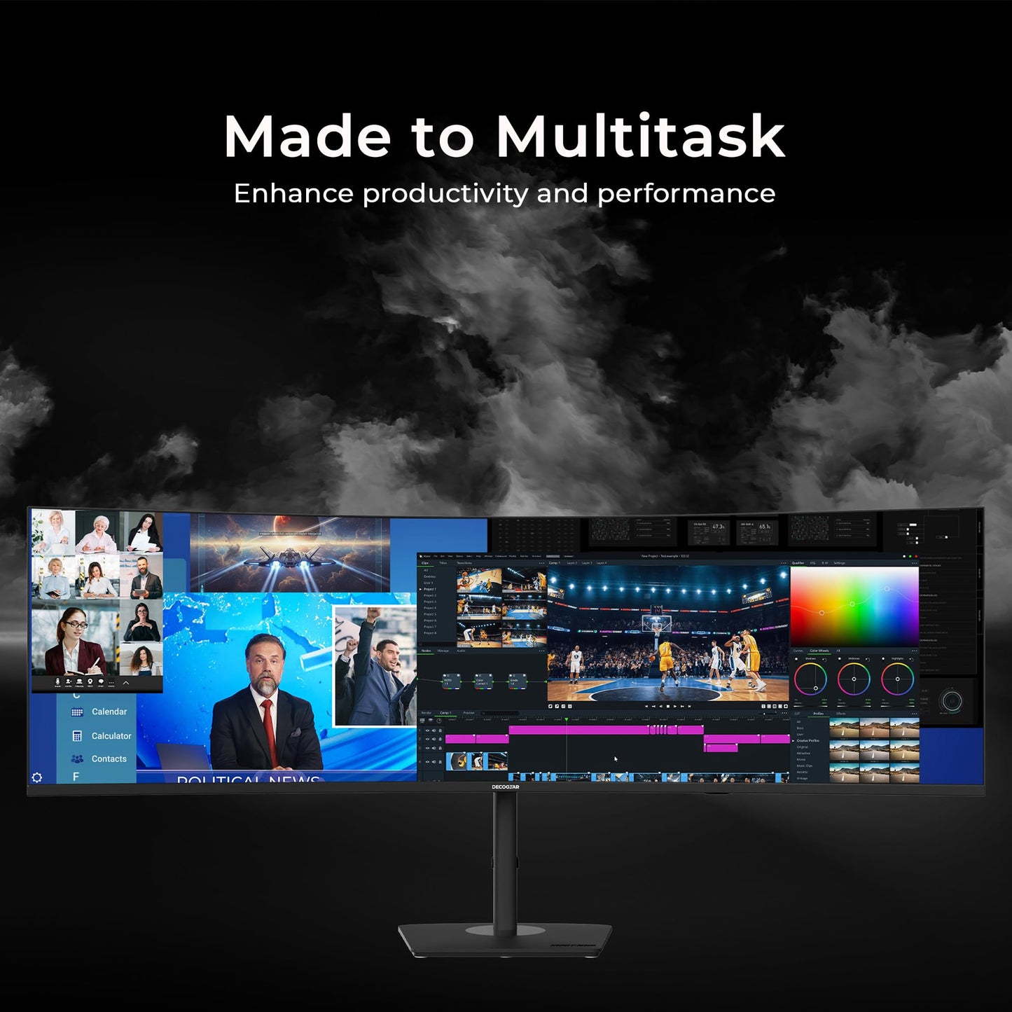 Deco Gear 49” Dual-QHD 5120×1440 1500R Curved Ultrawide Monitor, 120Hz HDR400, 1ms MPRT, FreeSync, USB-C 65W, PBP/PIP, KVM, Built-in Speakers, Ergonomic Height-Adjustable Stand