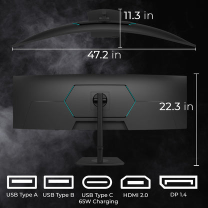 Deco Gear 49” Dual-QHD 5120×1440 1500R Curved Ultrawide Monitor, 120Hz HDR400, 1ms MPRT, FreeSync, USB-C 65W, PBP/PIP, KVM, Built-in Speakers, Ergonomic Height-Adjustable Stand