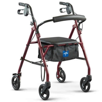 Medline Steel Rollator Walker with Seat, Burgundy, 350 lb. Weight Capacity, 6” Wheels, Foldable, Adjustable Handles, Rolling Walker for Seniors, Walker for Mobility Impaired