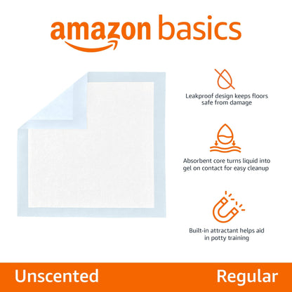 Amazon Basics Leak-Proof Dog and Puppy Potty Training Pee Pads with Quick-Dry 5-Layer Super Absorbent Design, Regular Size 22 x 22 inch, Blue & White, 100 Count