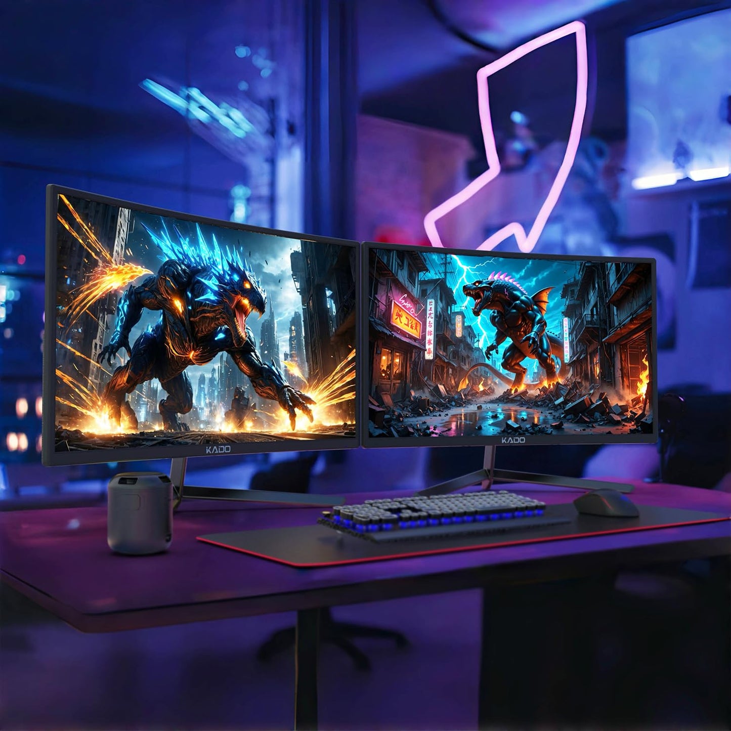Kado 24" Class Dual Gaming Monitor Setup - 2-Pack 24" Curved 1500R 180Hz 1ms 1920x1080 Computer Monitor, Parallel Gaming AMD FreeSync Premium Panoramic, VESA Mount HDMI DisplayPort Built-in Speakers