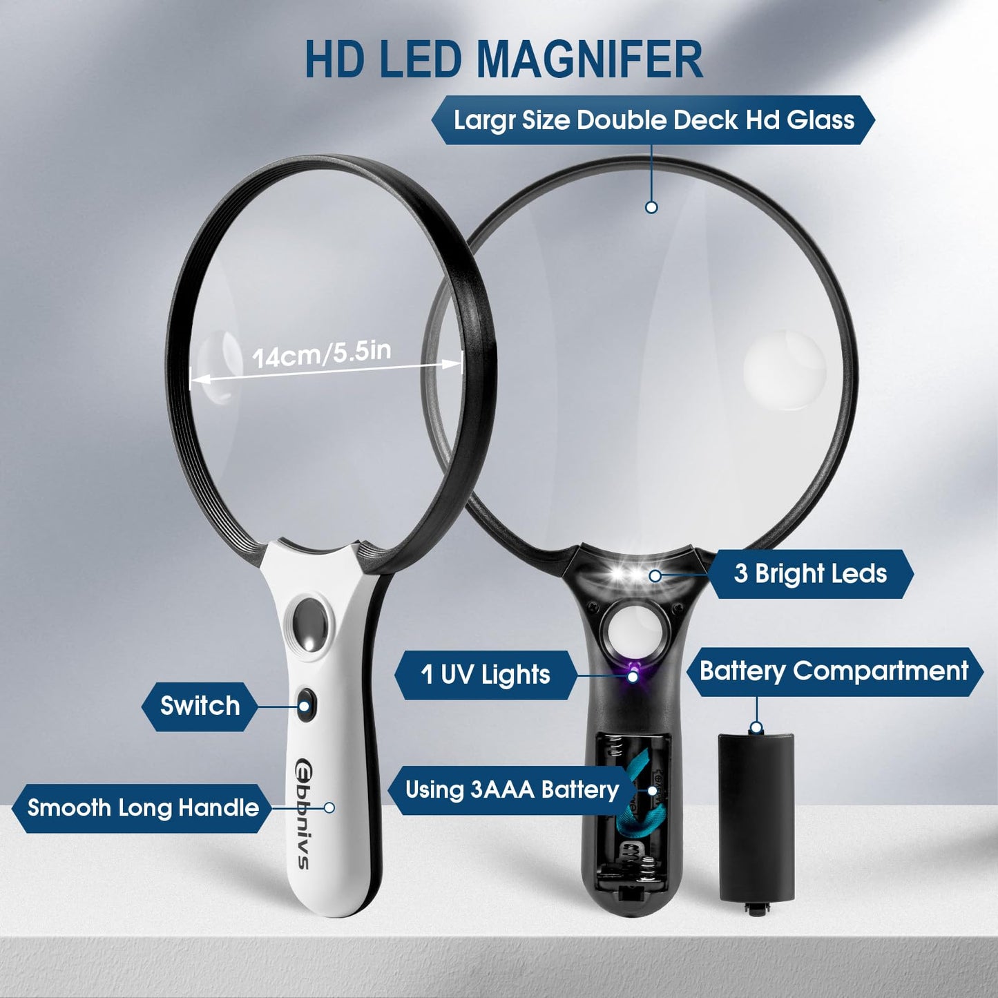 Large Magnifying Glass with Light, Magnifier Handheld Illuminated Lighted Magnifier with 3 LED Lights 1 UV Light Storage Bag Clean Cloth for Seniors Reading Inspection