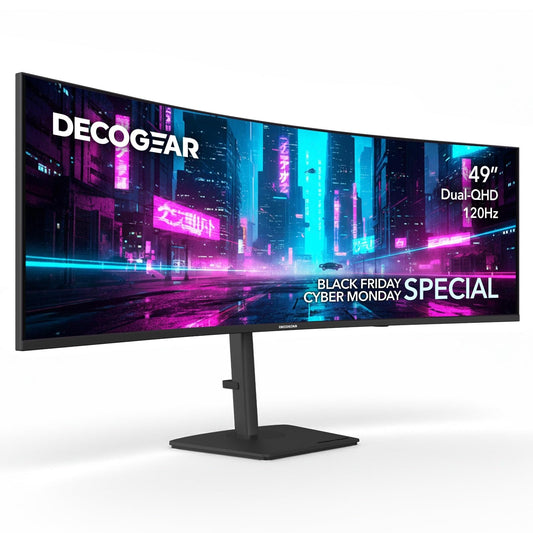 Deco Gear 49” Dual-QHD 5120×1440 1500R Curved Ultrawide Monitor, 120Hz HDR400, 1ms MPRT, FreeSync, USB-C 65W, PBP/PIP, KVM, Built-in Speakers, Ergonomic Height-Adjustable Stand