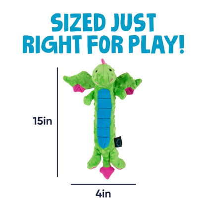 goDog Bubble Plush Skinny Dragons Squeaky Plush Dog Toy, Chew Guard Technology - Green, Large