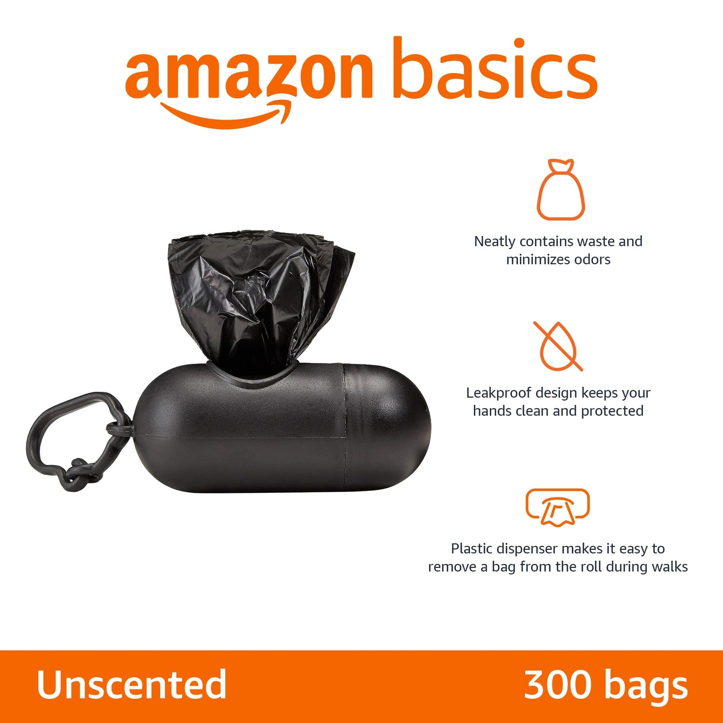 Amazon Basics Dog Poop Leak Proof Bags with Dispenser and Leash Clip, Unscented, 13" x 9" Large Size, 300 Count