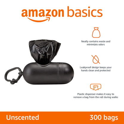 Amazon Basics Dog Poop Leak Proof Bags with Dispenser and Leash Clip, Unscented, 13" x 9" Large Size, 300 Count