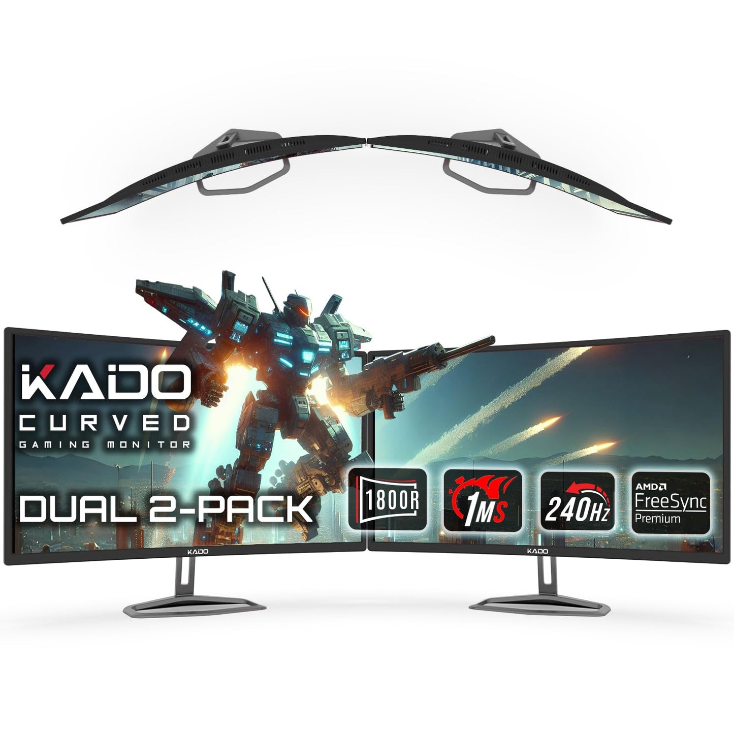 Kado Dual Gaming Monitor Setup - 2-Pack 32" 240Hz 1ms Curved 1800R 1920x1080, AMD FreeSync Premium, Panoramic Gaming Multi-View Split Screen Streaming, VESA Mount HDMI DisplayPort Built-in Speakers