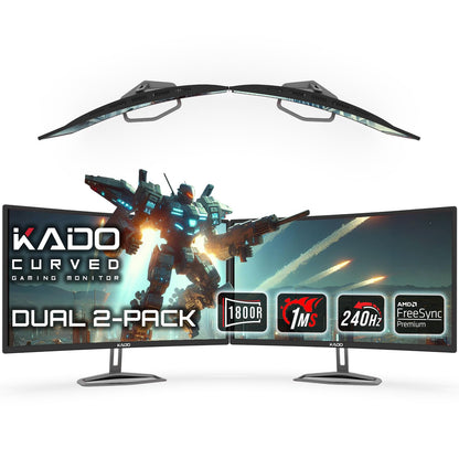 Kado Dual Gaming Monitor Setup - 2-Pack 32" 240Hz 1ms Curved 1800R 1920x1080, AMD FreeSync Premium, Panoramic Gaming Multi-View Split Screen Streaming, VESA Mount HDMI DisplayPort Built-in Speakers