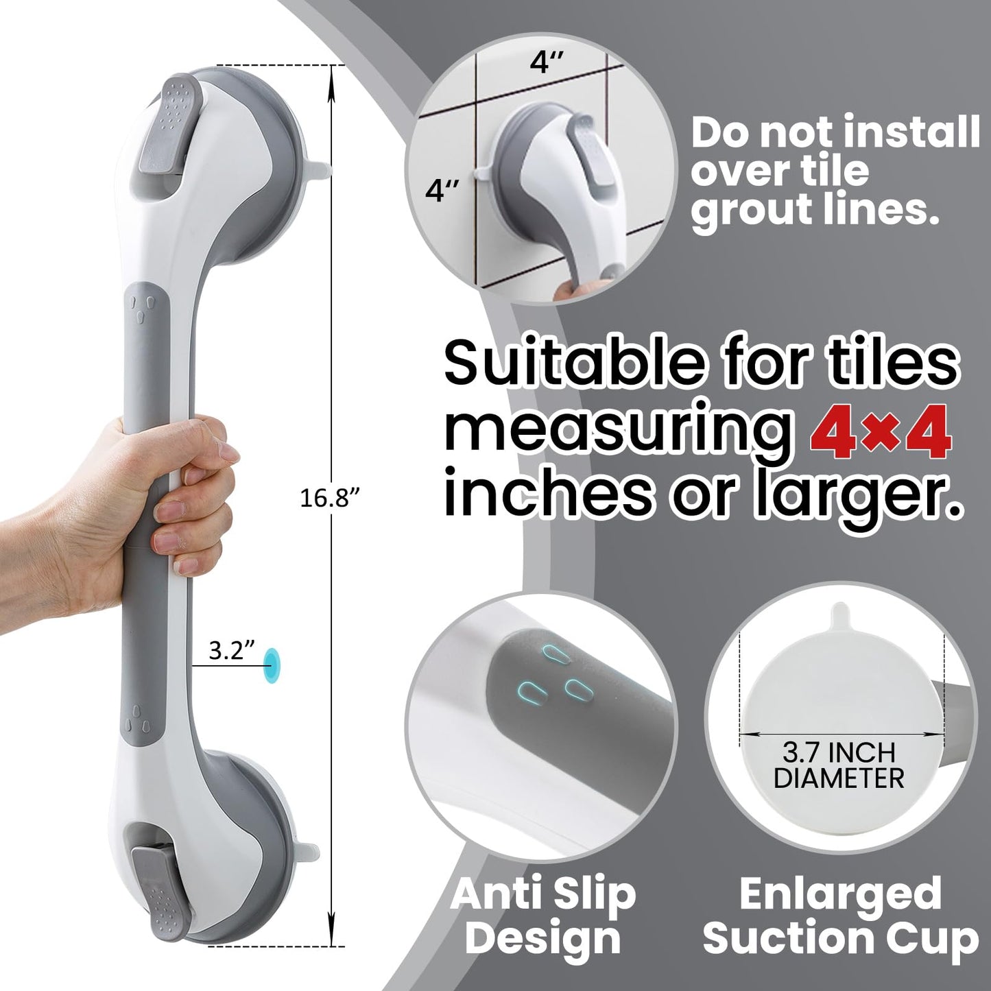 TAILI Grab Bars for Bathtubs and Showers 2 Pack Suction Grab Bar, Heavy Duty Shower Handle Removable Bath Handrails for Seniors and Elderly, Bathroom Safety Grip No Drilling Waterproof,Grey