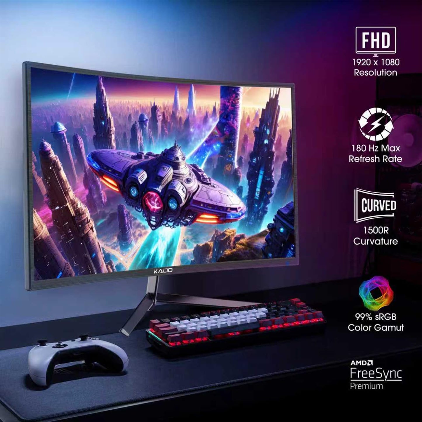Kado 24" Class Dual Gaming Monitor Setup - 2-Pack 24" Curved 1500R 180Hz 1ms 1920x1080 Computer Monitor, Parallel Gaming AMD FreeSync Premium Panoramic, VESA Mount HDMI DisplayPort Built-in Speakers