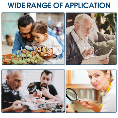 Large Magnifying Glass with Light, Magnifier Handheld Illuminated Lighted Magnifier with 3 LED Lights 1 UV Light Storage Bag Clean Cloth for Seniors Reading Inspection