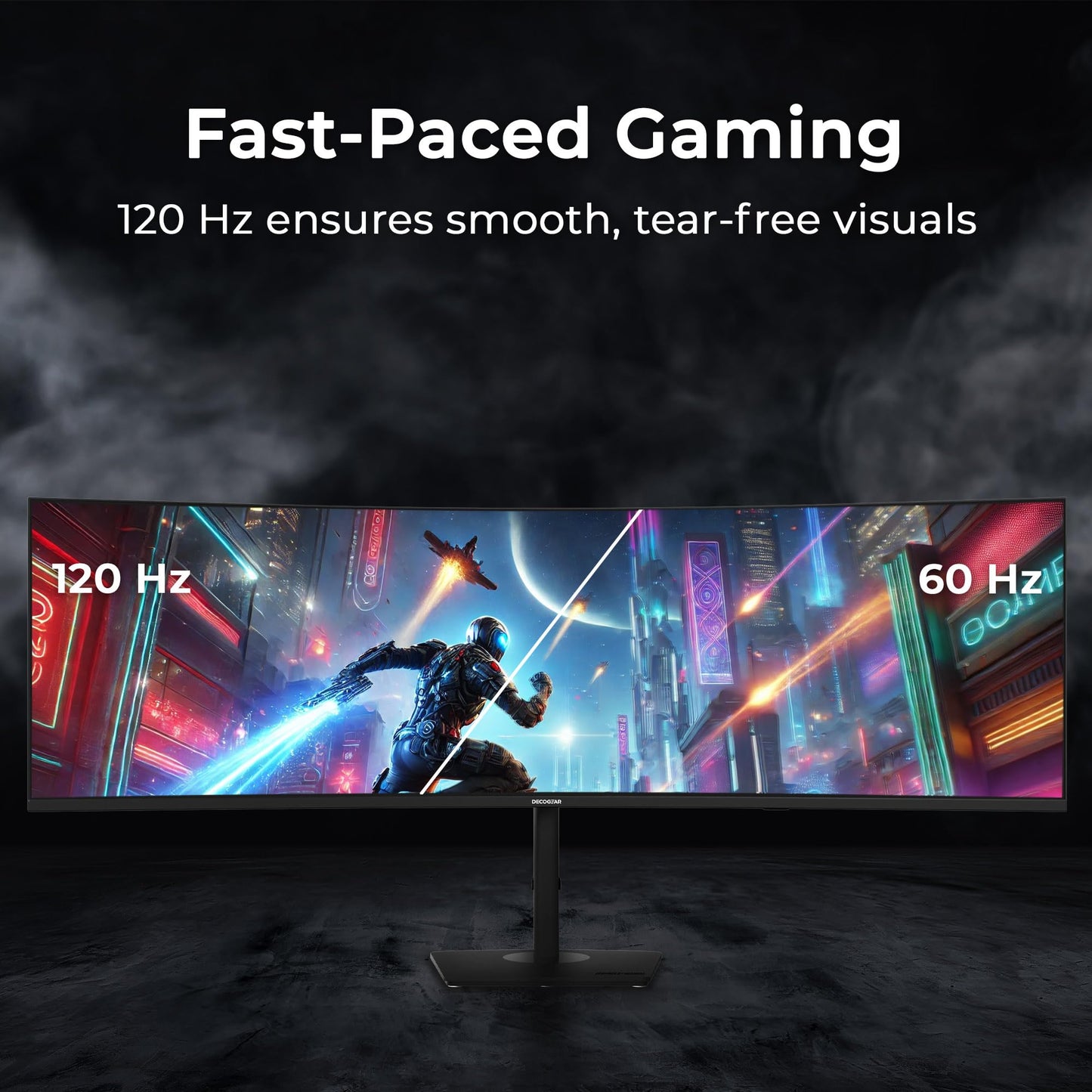 Deco Gear 49” Dual-QHD 5120×1440 1500R Curved Ultrawide Monitor, 120Hz HDR400, 1ms MPRT, FreeSync, USB-C 65W, PBP/PIP, KVM, Built-in Speakers, Ergonomic Height-Adjustable Stand