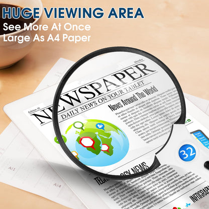 Large Magnifying Glass with Light, Magnifier Handheld Illuminated Lighted Magnifier with 3 LED Lights 1 UV Light Storage Bag Clean Cloth for Seniors Reading Inspection