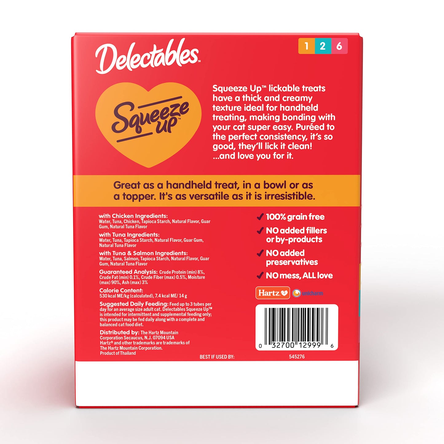 Hartz Delectables Squeeze Up Variety Pack, Creamy Squeezable Puree, Lickable Wet Cat Treats, Grain Free, No Added Fillers, No by-Products, No Added Preservatives, 0.5 Ounces Tube, 54 Tubes Total