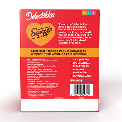 Hartz Delectables Squeeze Up Variety Pack, Creamy Squeezable Puree, Lickable Wet Cat Treats, Grain Free, No Added Fillers, No by-Products, No Added Preservatives, 0.5 Ounces Tube, 54 Tubes Total