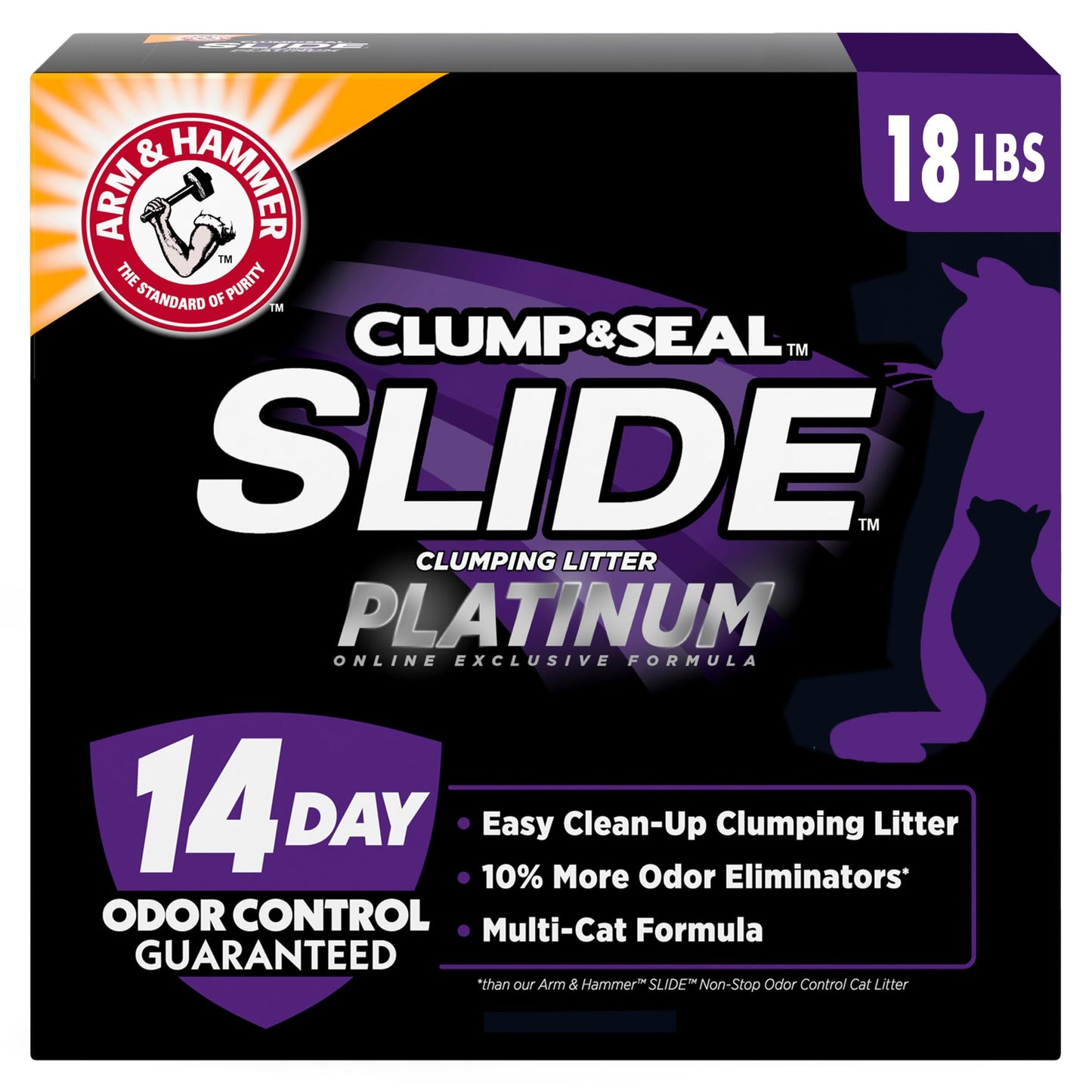 ARM & HAMMER Clump & Seal SLIDE Platinum Multi-Cat Clumping Cat Litter, 14-Day Odor Control, EZ Clean Technology, 18 lbs – No Scrubbing, Powerful Odor Eliminator