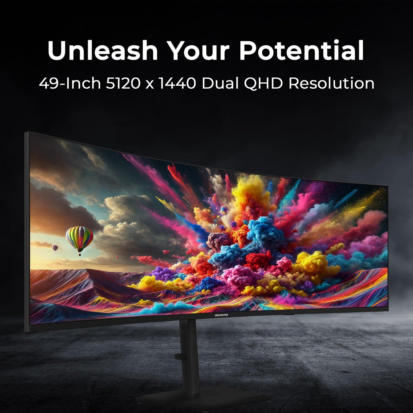 Deco Gear 49” Dual-QHD 5120×1440 1500R Curved Ultrawide Monitor, 120Hz HDR400, 1ms MPRT, FreeSync, USB-C 65W, PBP/PIP, KVM, Built-in Speakers, Ergonomic Height-Adjustable Stand