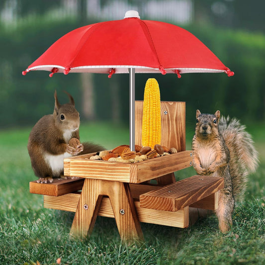 Gnodary Squirrel Feeder with Umbrella, Squirrel Feeders for Outside, Squirrel Picnic Table Feeder - Chipmunk Feeder Hold Corn, Corn Cob, Peanuts (Bright-Red)