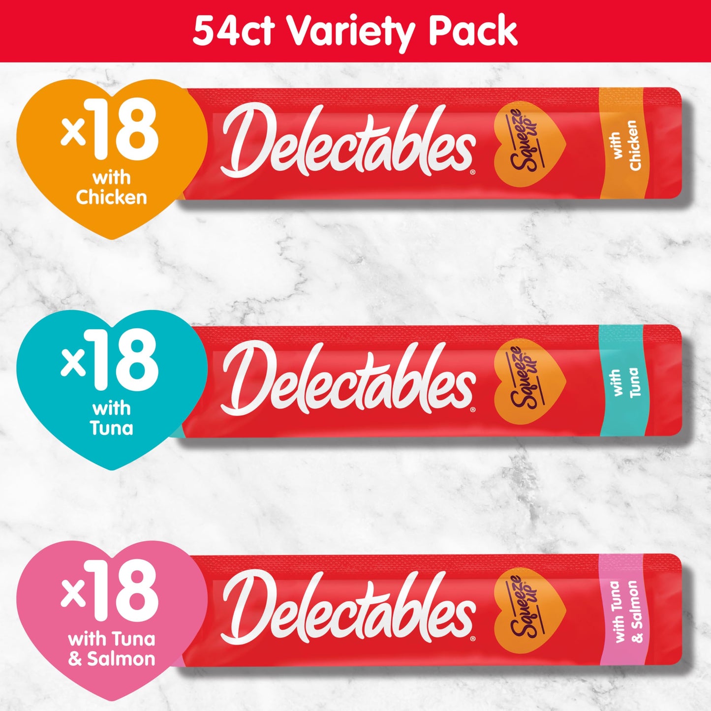 Hartz Delectables Squeeze Up Variety Pack, Creamy Squeezable Puree, Lickable Wet Cat Treats, Grain Free, No Added Fillers, No by-Products, No Added Preservatives, 0.5 Ounces Tube, 54 Tubes Total