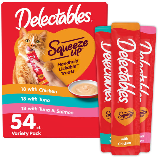 Hartz Delectables Squeeze Up Variety Pack, Creamy Squeezable Puree, Lickable Wet Cat Treats, Grain Free, No Added Fillers, No by-Products, No Added Preservatives, 0.5 Ounces Tube, 54 Tubes Total