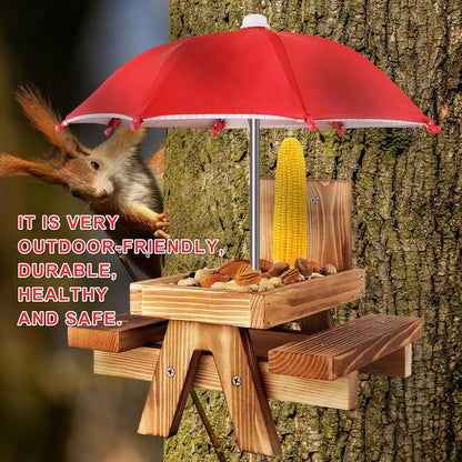 Gnodary Squirrel Feeder with Umbrella, Squirrel Feeders for Outside, Squirrel Picnic Table Feeder - Chipmunk Feeder Hold Corn, Corn Cob, Peanuts (Bright-Red)
