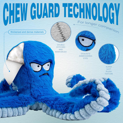 LEGEND SANDY Tough Dog Toys, Stuffed Chew Large Dog Toys to Keep Them Busy, Interactive Squeaky Tug of War Doggie Toy, Crinkle Blue Octopus